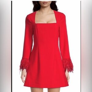 LIKELY Women's Cher Mini Dress Feathers Long Sleeve Stretch Square Neck Red 2